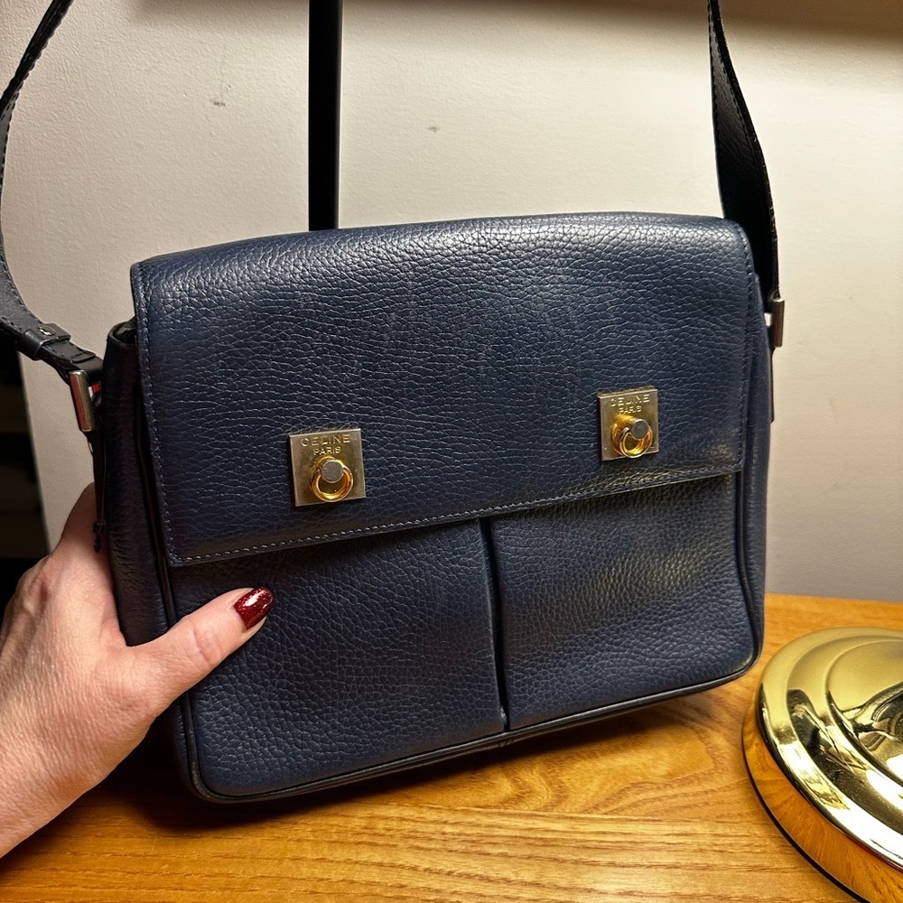 Celine Navy Blue Double Snap Leather Bag